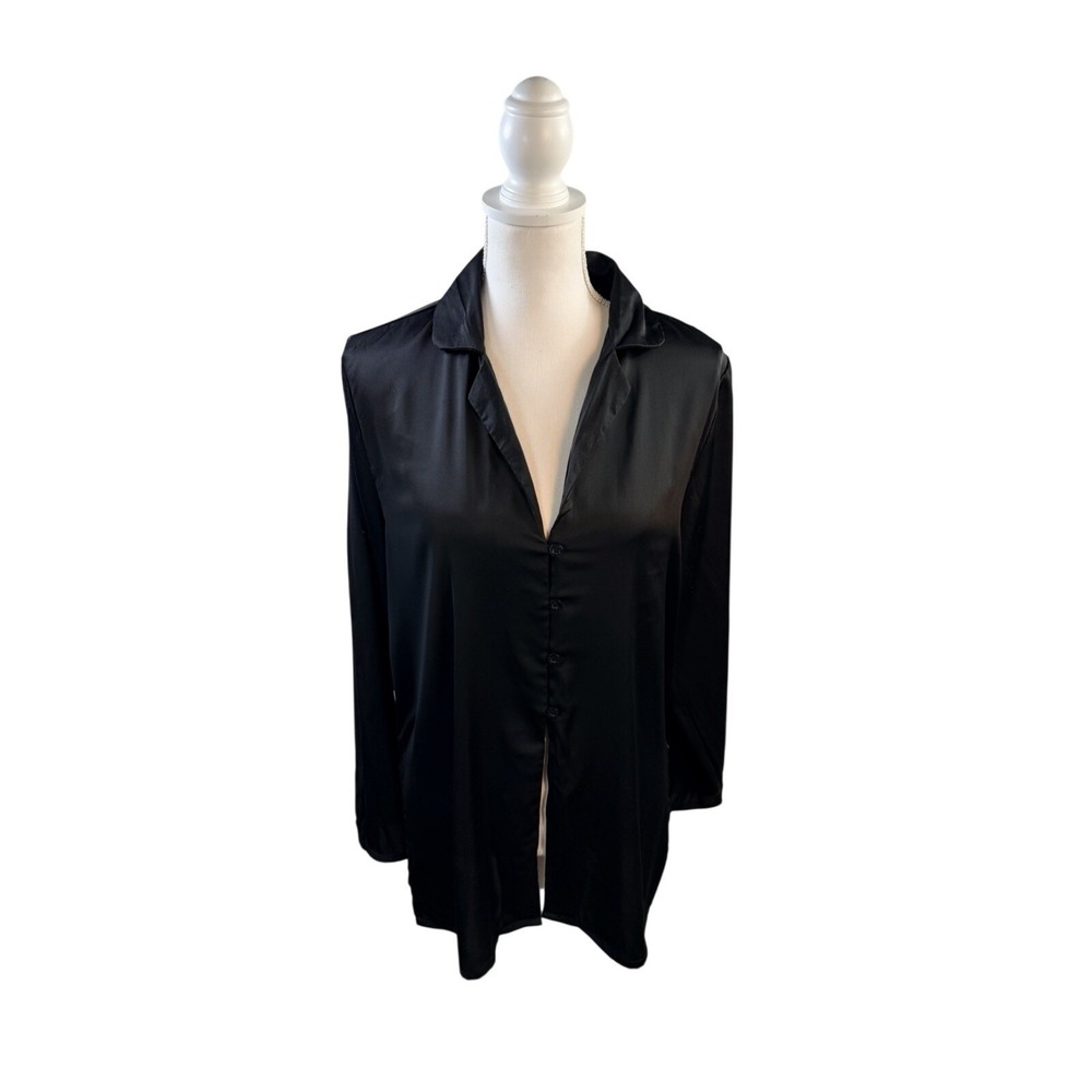 Nicole Miller Silk Long Sleeve‎ Black Nightshirt Slits Size Large